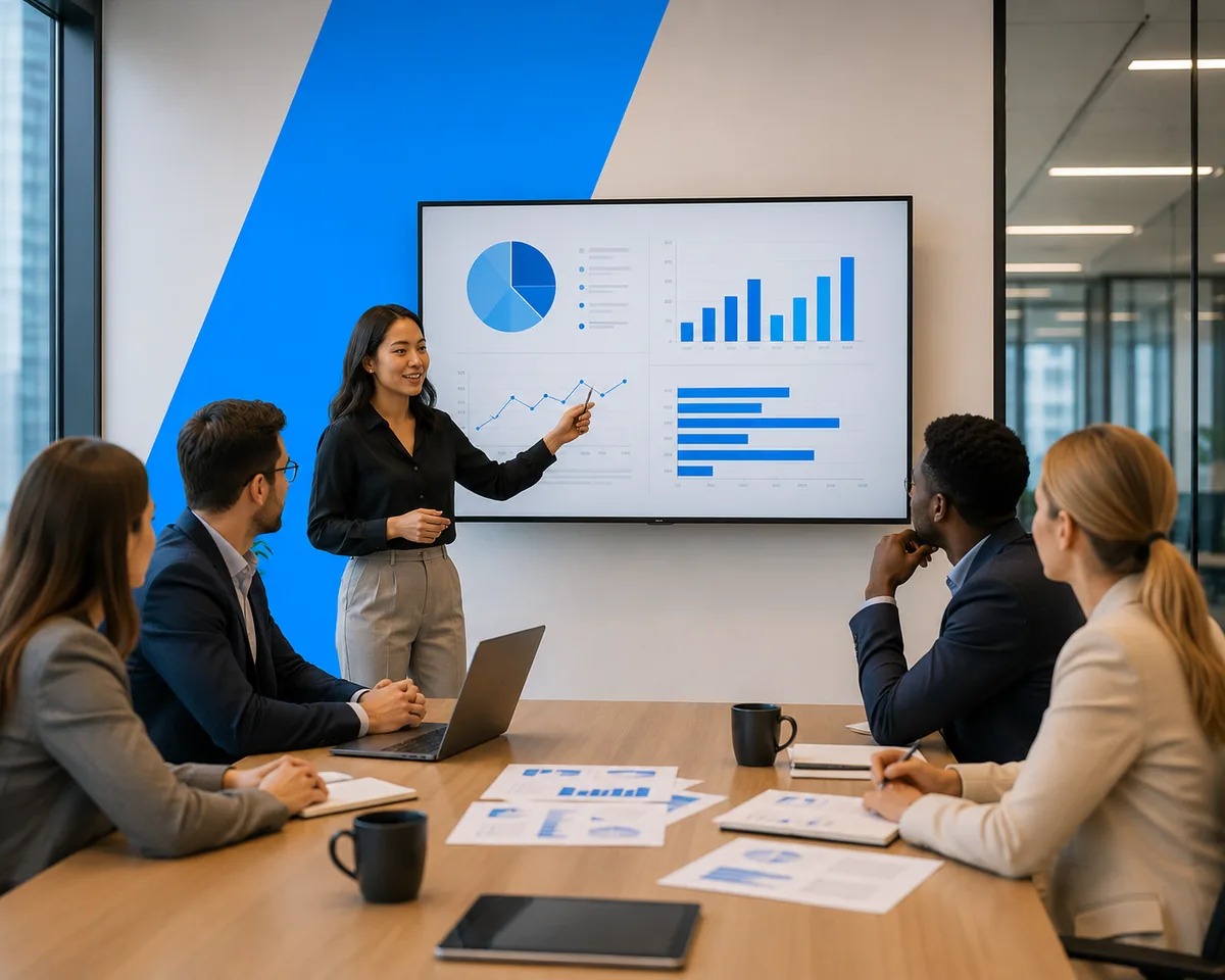 Presenter delivering a data presentation to a team in a meeting room, pointing at bar charts and a pie chart on the screen